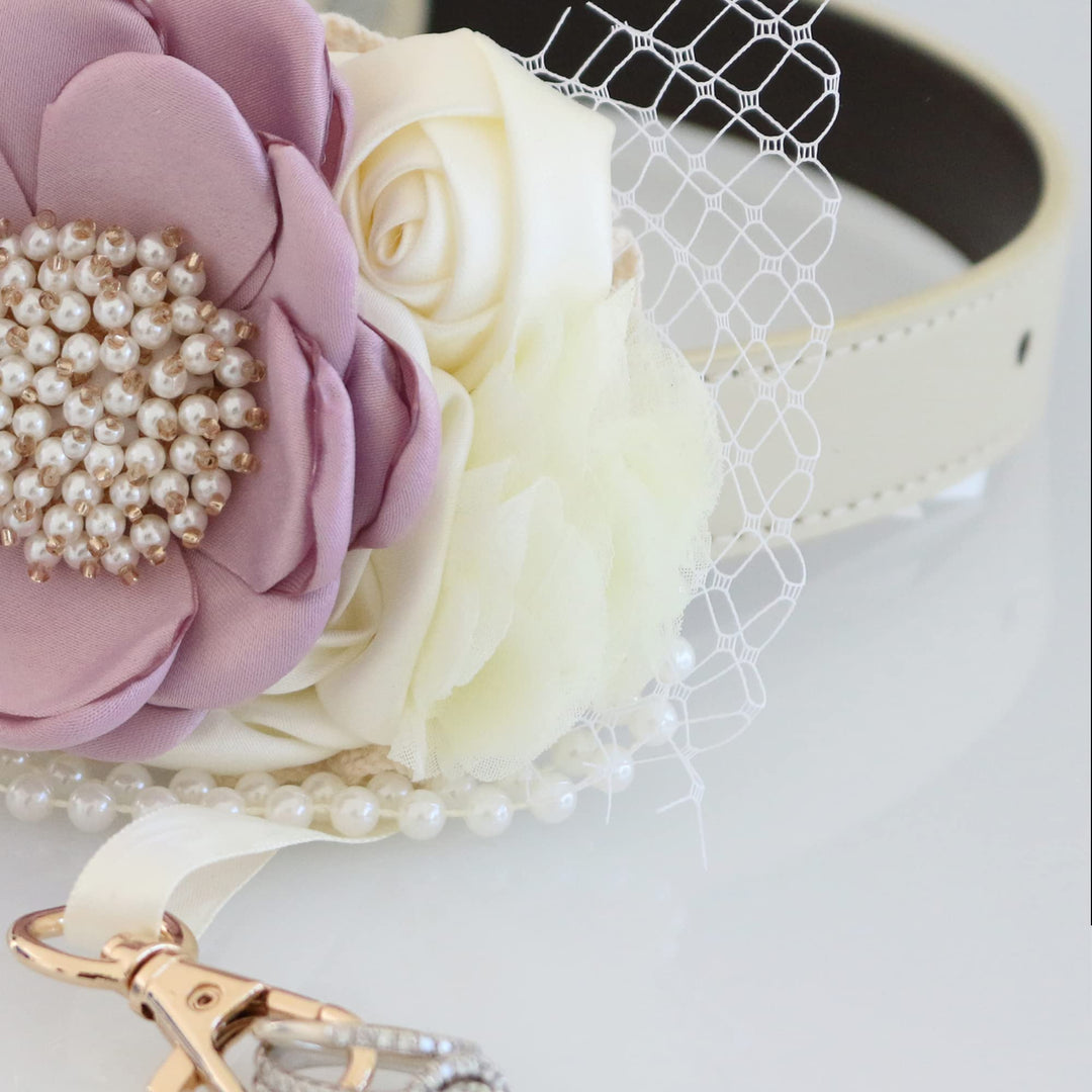 Lilac and ivory floral ring bearer dog collar with pearl center flower, lace veil accent, pearl garland, and decorative ring holder.