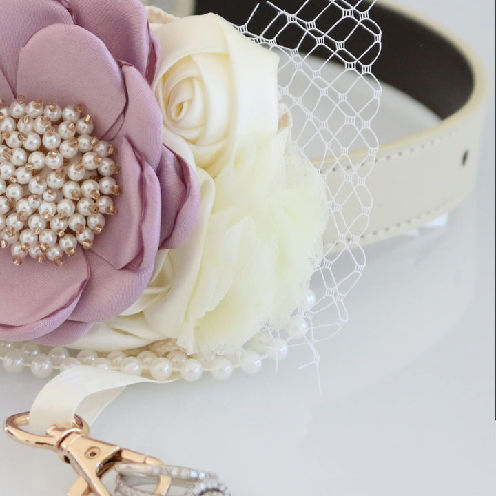 Lilac and ivory floral ring bearer dog collar with pearl center flower, lace veil accent, pearl garland, and decorative ring holder.