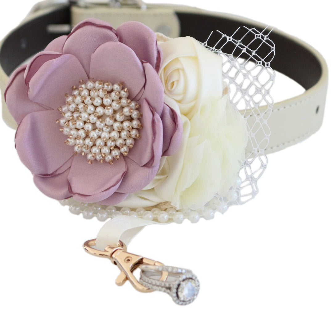 Handmade lilac flower and ivory rose dog wedding collar featuring pearl details, lace accents, and elegant ring bearer attachment.
