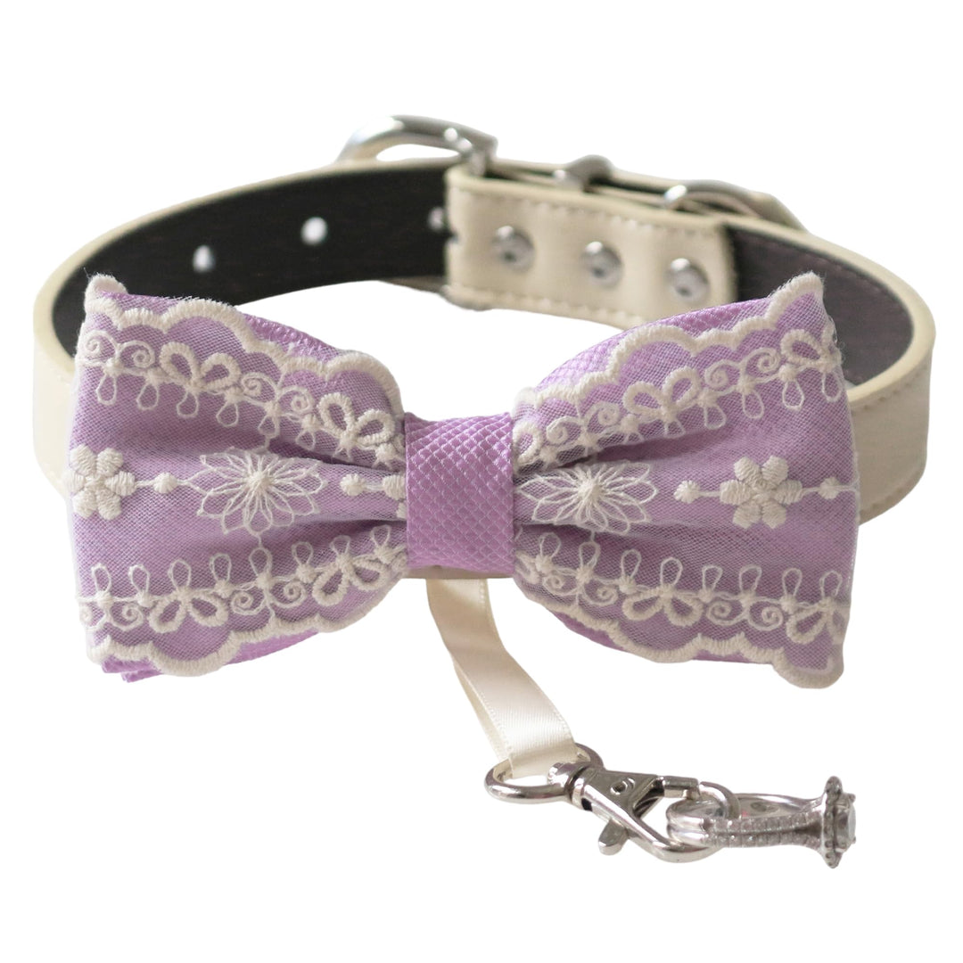 Lilac lace ring bearer dog bow tie collar with embroidered floral lace, attached wedding ring holder ribbon, and adjustable vegan leather collar for weddings and formal celebrations