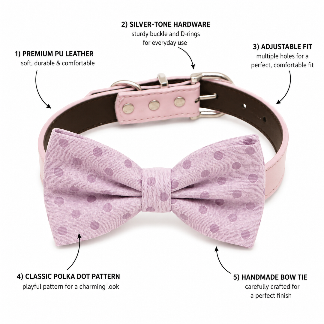 Dog bow tie collar feature guide showing lilac polka dot bow tie, vegan leather collar, silver-tone hardware, and adjustable fit