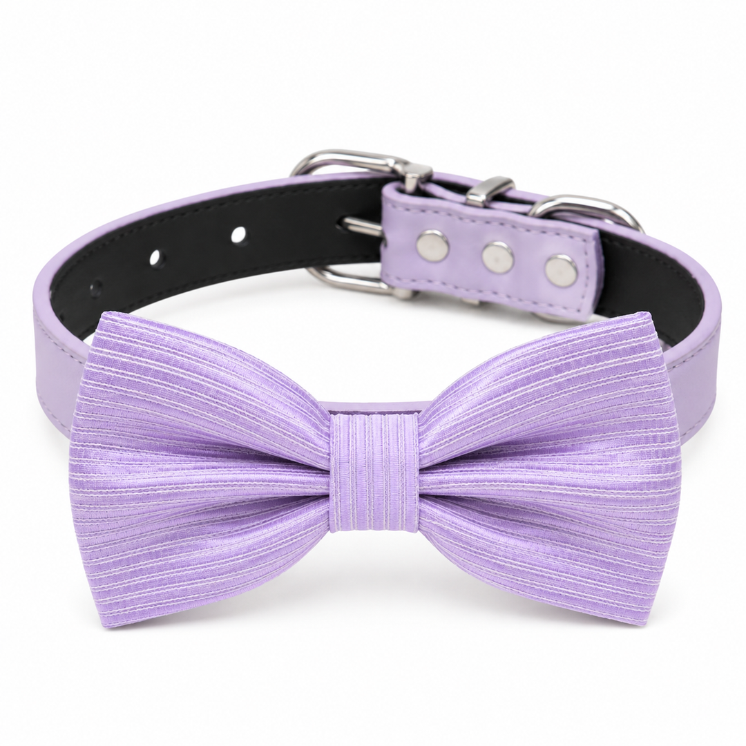Lilac ribbed texture dog bow tie collar with matching lilac vegan leather collar and elegant textured finish