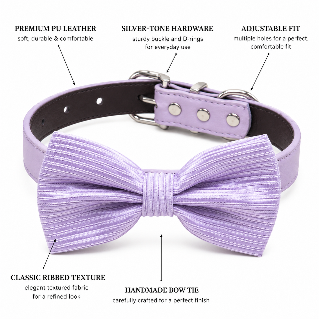 Dog bow tie collar feature guide showing ribbed texture bow tie, vegan leather collar, silver-tone hardware, and adjustable fit