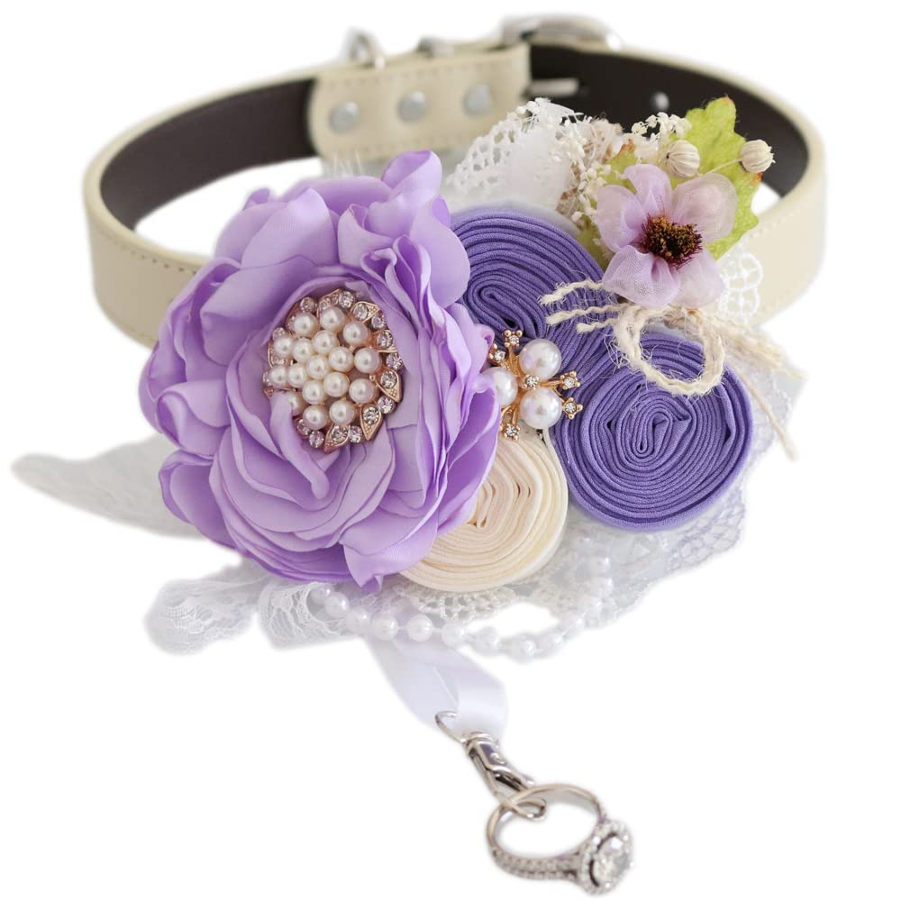 Lilac wedding dog collar with pearl flower centerpiece, ribbon roses, lace accents, rustic floral detail, and ring holder attachment.