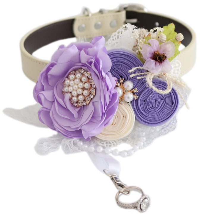 Lilac wedding dog collar with pearl flower centerpiece, ribbon roses, lace accents, rustic floral detail, and ring holder attachment.