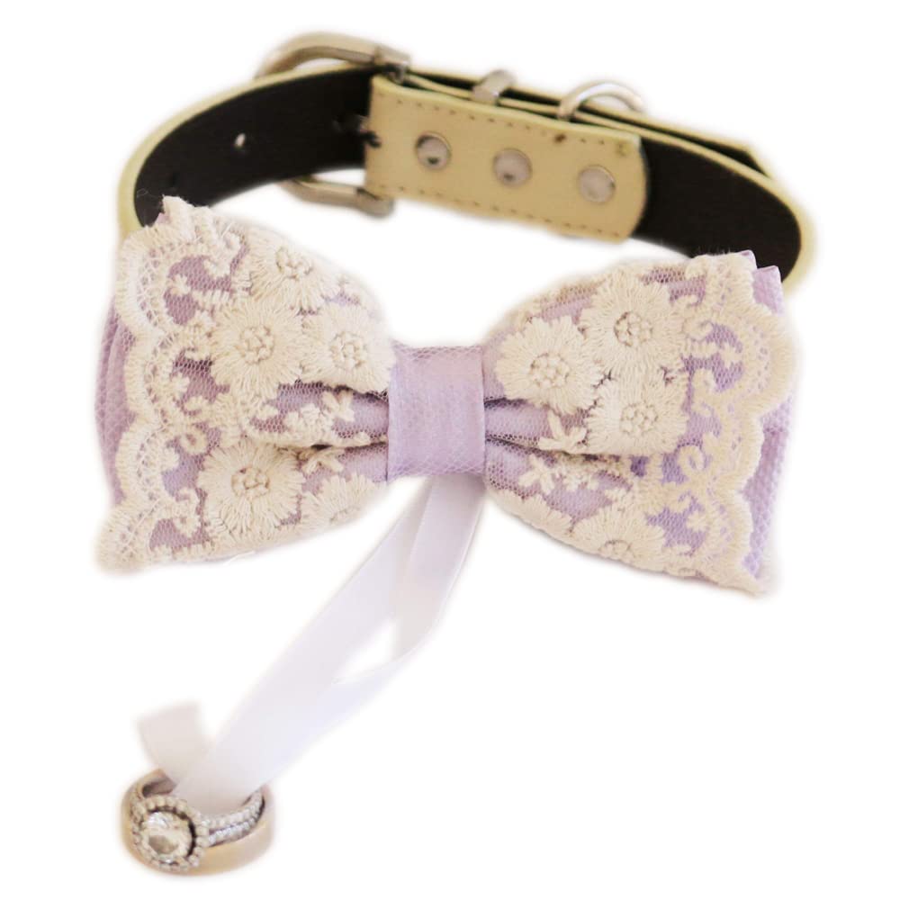 Lilac ring bearer dog bow tie collar with floral lace embroidery, attached wedding ring holder ribbon, and adjustable vegan leather collar for weddings and special occasions