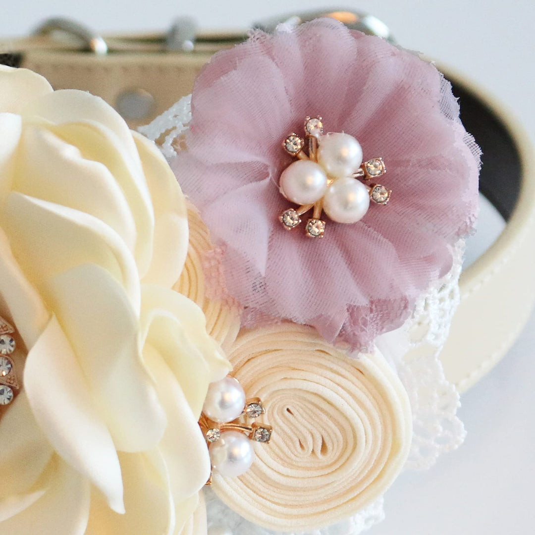 Ivory floral ring bearer dog collar with lilac chiffon flower accent, pearl embellishments, lace details, and removable ribbon ring holder.