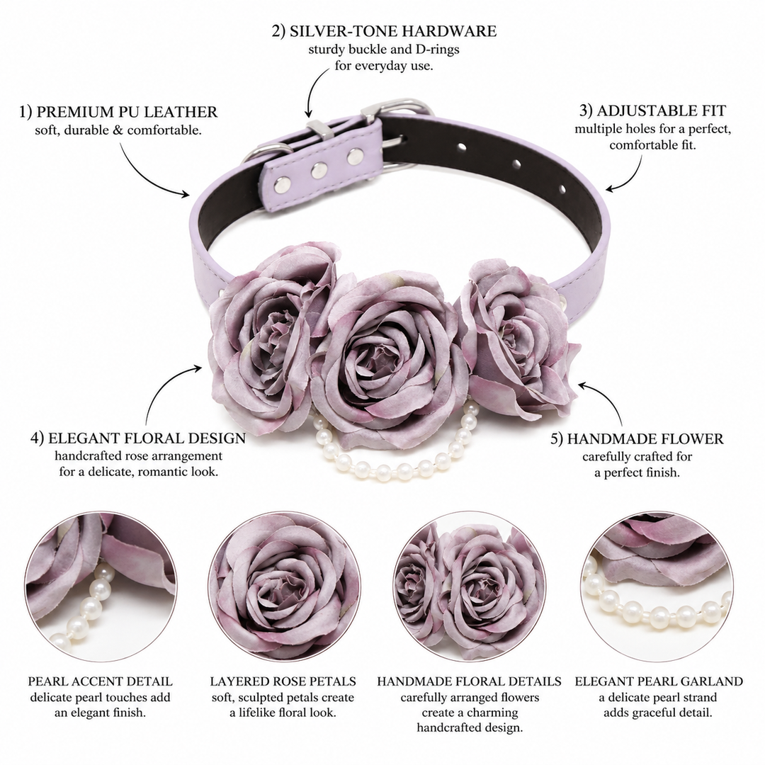 Lilac floral dog collar feature guide showing handcrafted rose flowers, pearl garland detail, adjustable vegan leather collar, and silver-tone hardware.