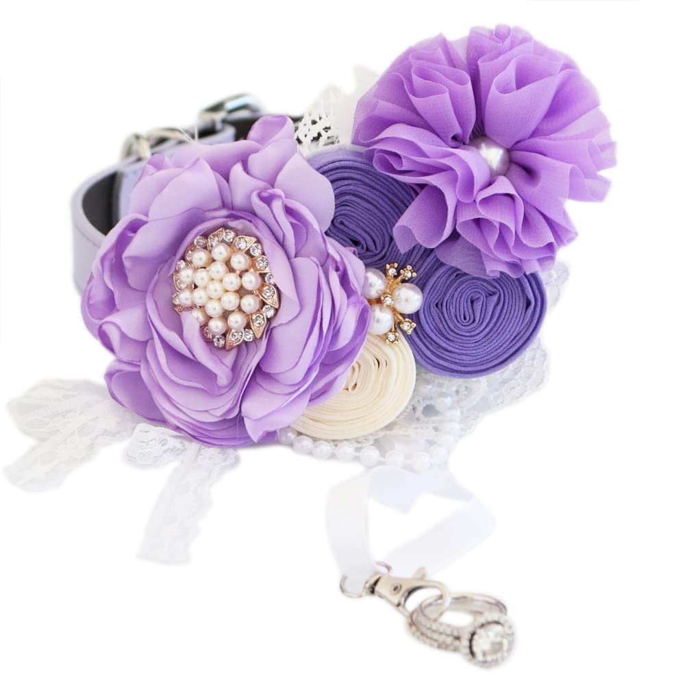 Lilac wedding flower dog collar with pearl accents, decorative ribbon roses, lace details, and ring holder attachment.