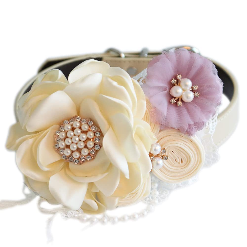 Handmade dog wedding collar featuring an ivory flower centerpiece, lilac fabric flower accent, pearl details, and ring bearer ribbon attachment.