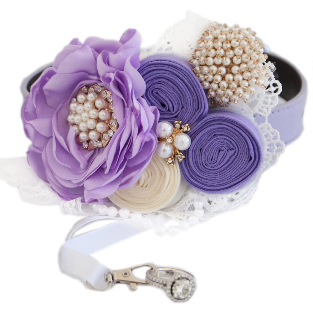 Lilac wedding flower dog collar with pearl center flower, lace accents, ribbon roses, and ring holder attachment.