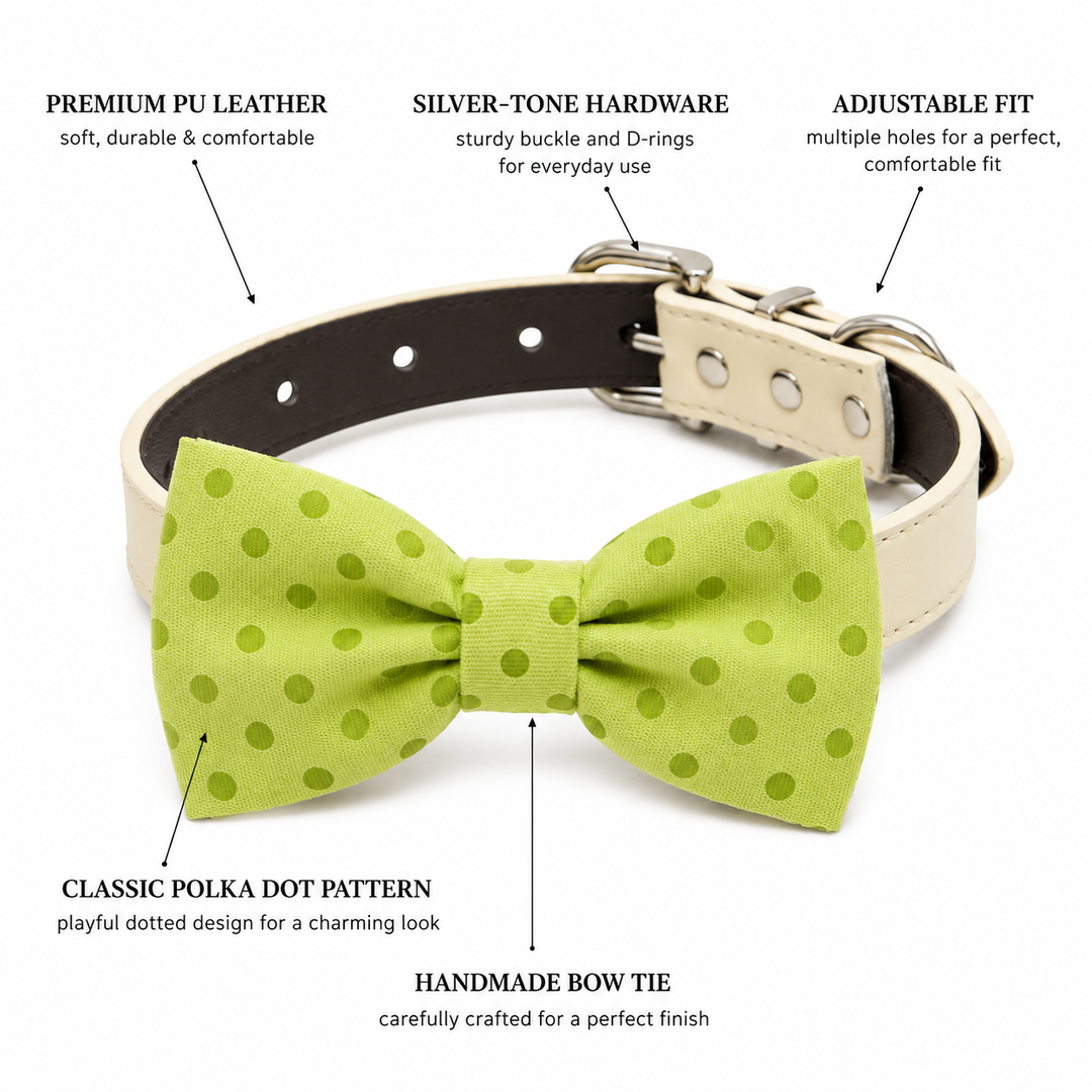 Dog bow tie collar feature guide showing lime green polka dot bow tie, vegan leather collar, silver-tone hardware, and adjustable fit