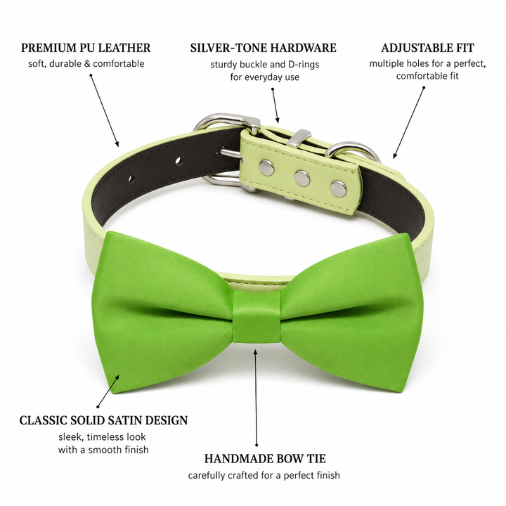 Dog bow tie collar feature guide showing satin bow tie, vegan leather collar, silver-tone hardware, and adjustable fit