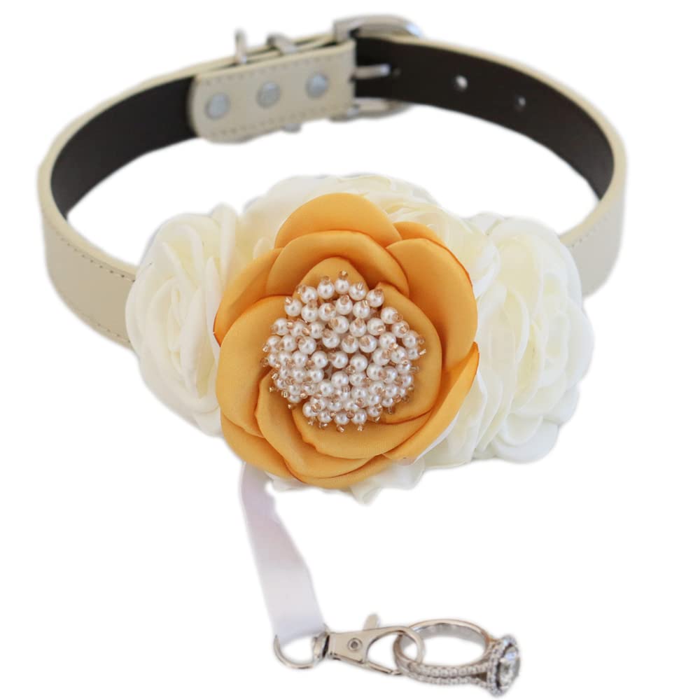 Handmade dog wedding collar featuring a marigold flower centerpiece, ivory side flowers, pearl embellishments, and ring bearer ribbon attachment.