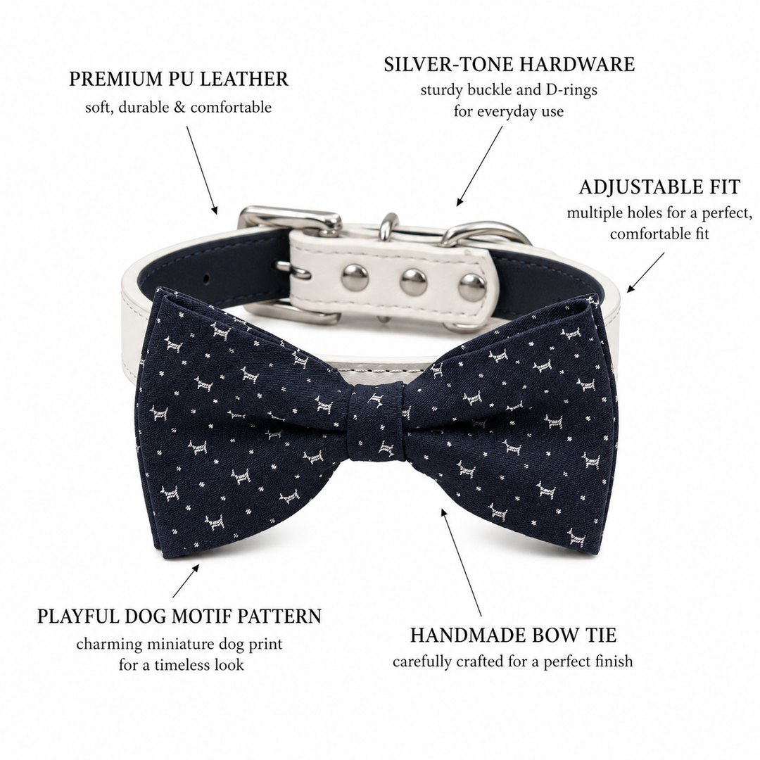 Dog bow tie collar feature guide showing miniature dog print pattern, cream vegan leather collar, silver-tone hardware, adjustable fit, and handmade craftsmanship