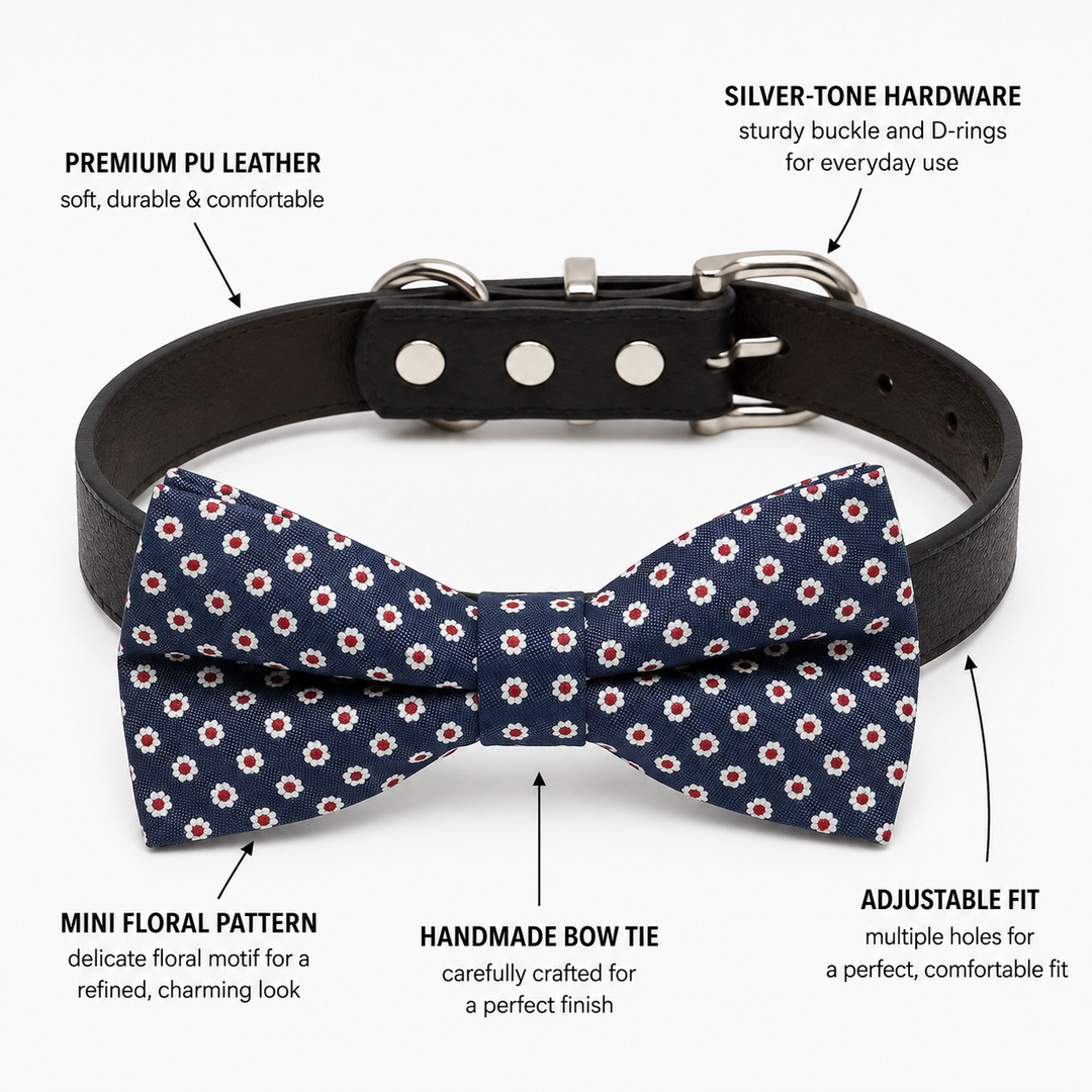 Dog bow tie collar feature guide showing mini floral pattern, black vegan leather collar, silver-tone hardware, adjustable fit, and handmade craftsmanship