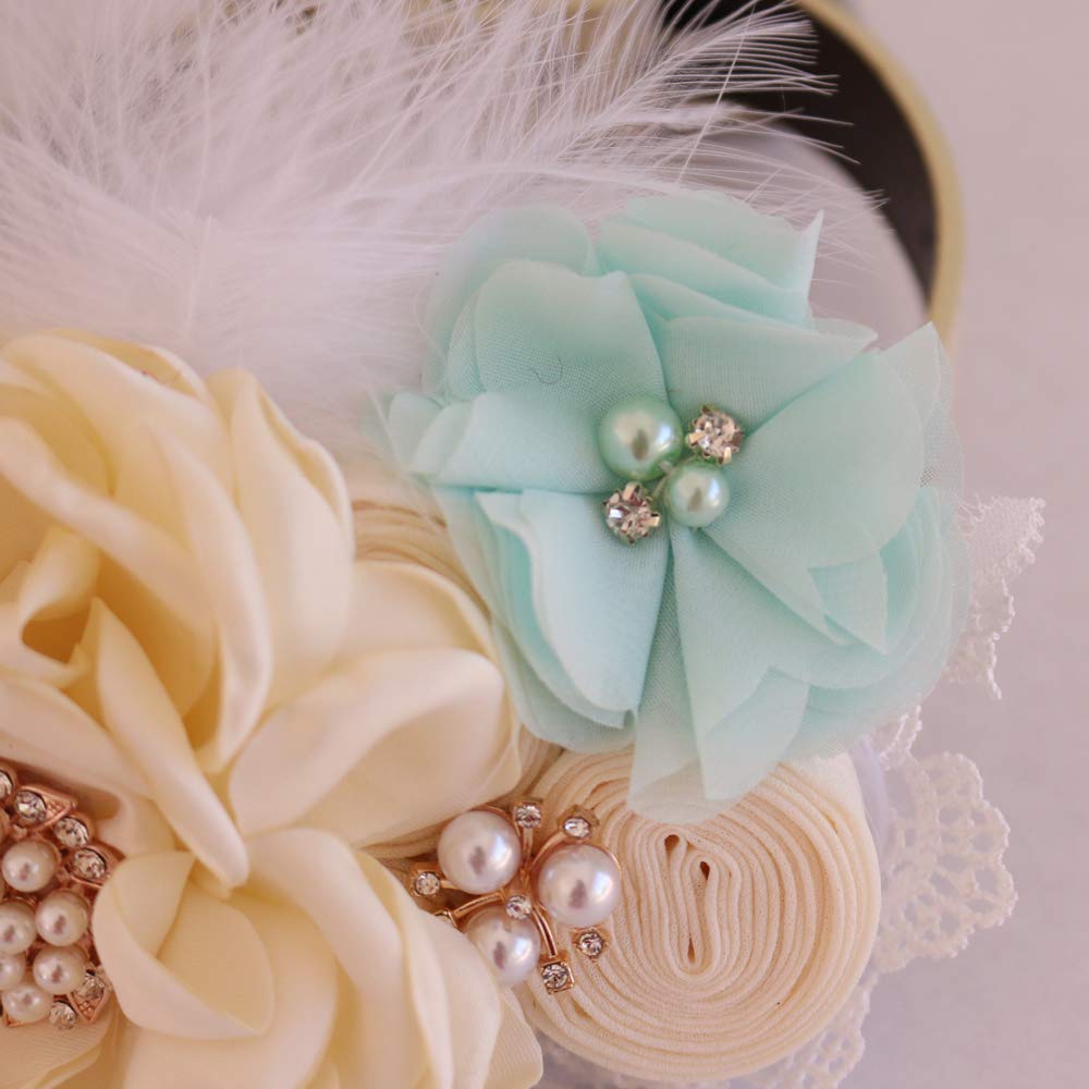 Ivory floral dog collar with mint chiffon flower accent, white feather detail, pearl embellishments, and lace trim.