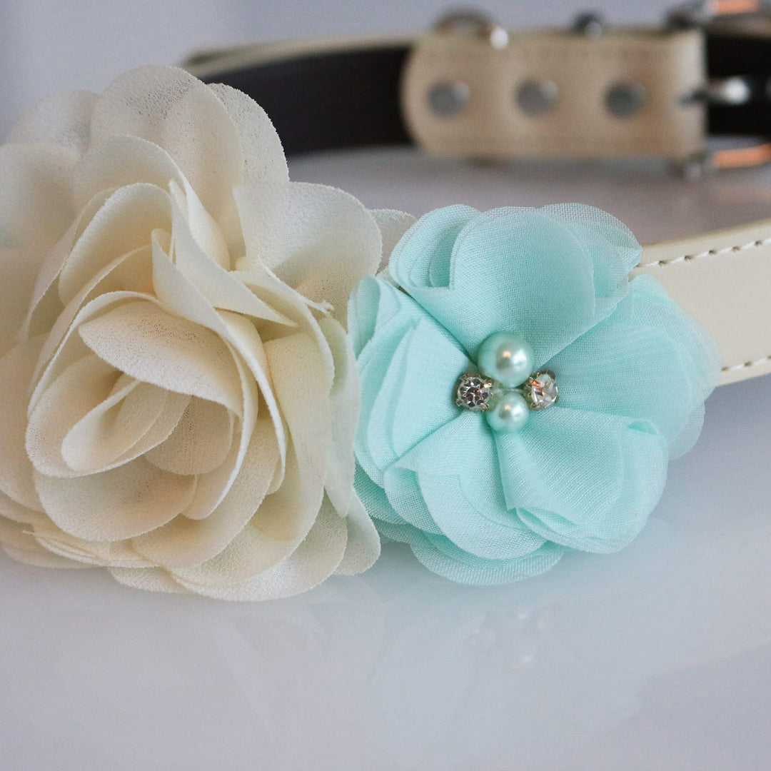 Ivory floral dog collar with mint chiffon flower accents and pearl crystal center details.