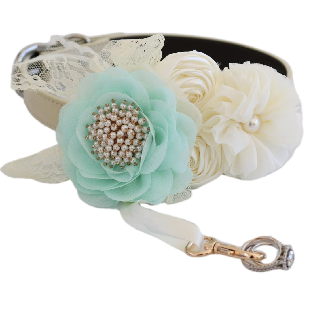 Mint flower ring bearer dog collar with ivory floral arrangement, lace details, and jeweled ring holder attachment.