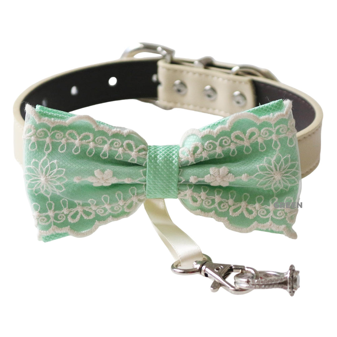 Mint Green embroidered lace ring bearer dog bow tie collar with attached wedding ring holder ribbon, ivory vegan leather collar, and delicate floral lace detailing