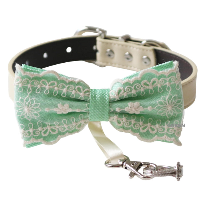 Mint Green embroidered lace ring bearer dog bow tie collar with attached wedding ring holder ribbon, ivory vegan leather collar, and delicate floral lace detailing