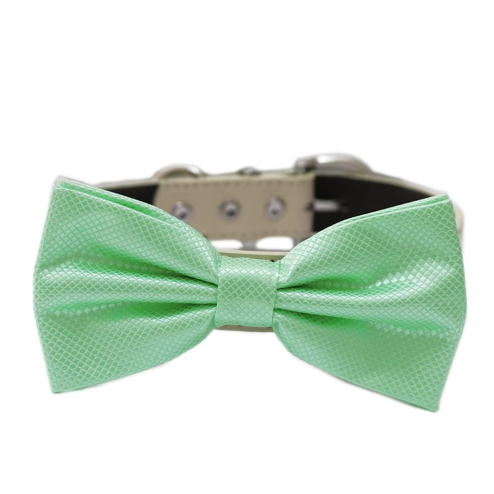 Mint green textured bow tie attached to an ivory vegan leather dog collar with silver-tone hardware