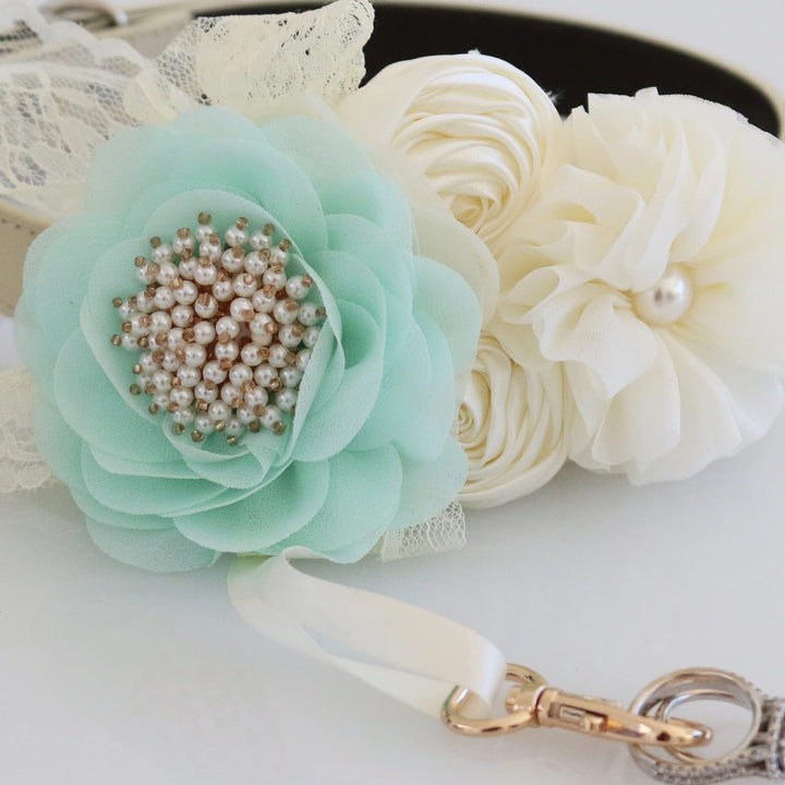 Mint and ivory floral ring bearer dog collar with pearl flower center, lace accents, and decorative ring holder.