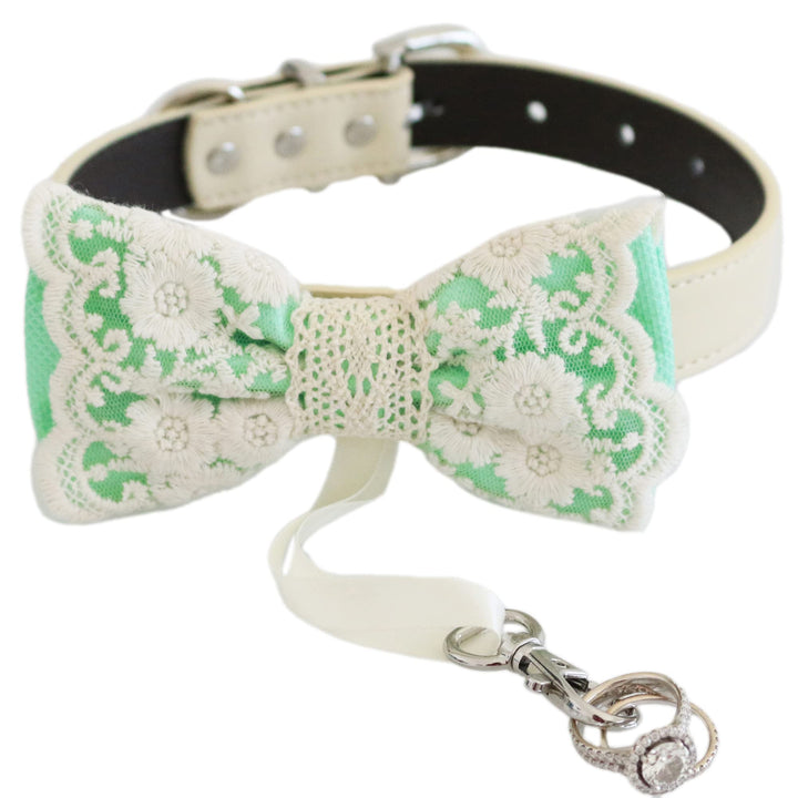 Mint lace dog bow tie collar with floral embroidered lace overlay, ivory vegan leather collar, and elegant handmade lace bow tie