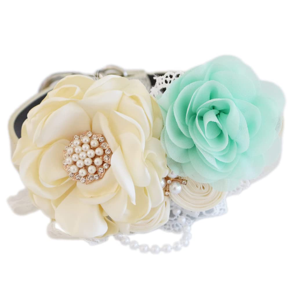 Handmade dog wedding collar featuring an ivory flower centerpiece, mint fabric rose accent, lace details, and pearl embellishments.