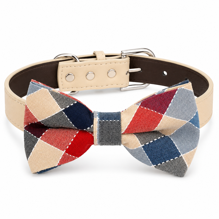 Multicolor check pattern dog bow tie collar with ivory vegan leather collar and silver-tone hardware