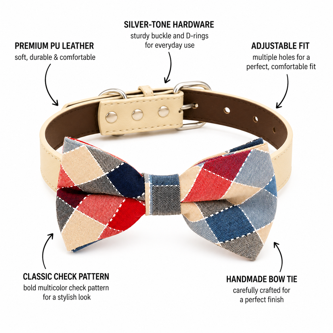 Multicolor check pattern dog bow tie collar feature guide showing vegan leather collar, silver-tone hardware, adjustable fit, check pattern, and handmade bow tie