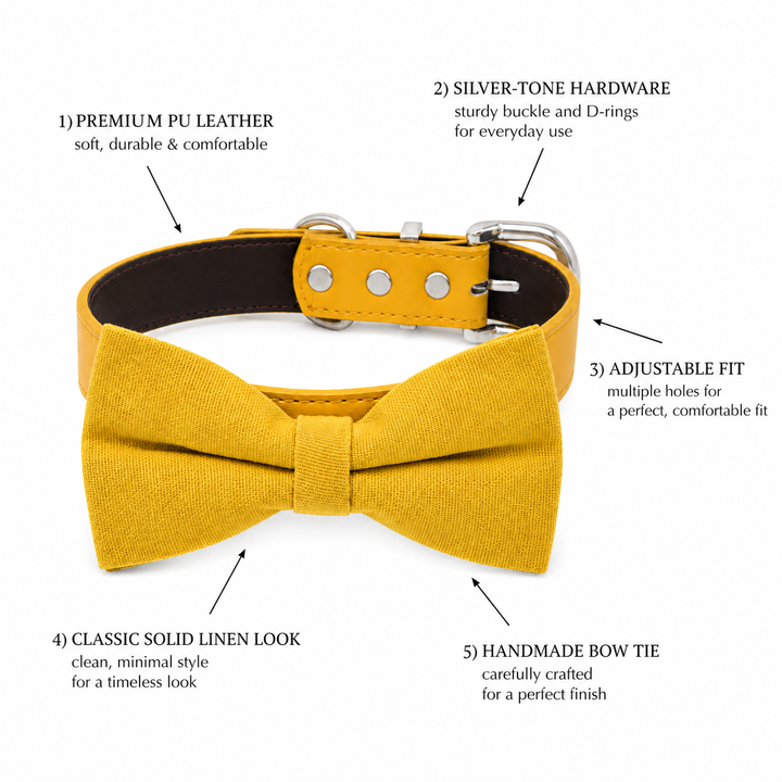 Dog bow tie collar feature guide showing mustard yellow linen look bow tie, vegan leather collar, silver-tone hardware, and adjustable fit