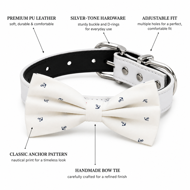 Dog bow tie collar feature guide showing anchor print bow tie, vegan leather collar, silver-tone hardware, adjustable fit, and handmade craftsmanship