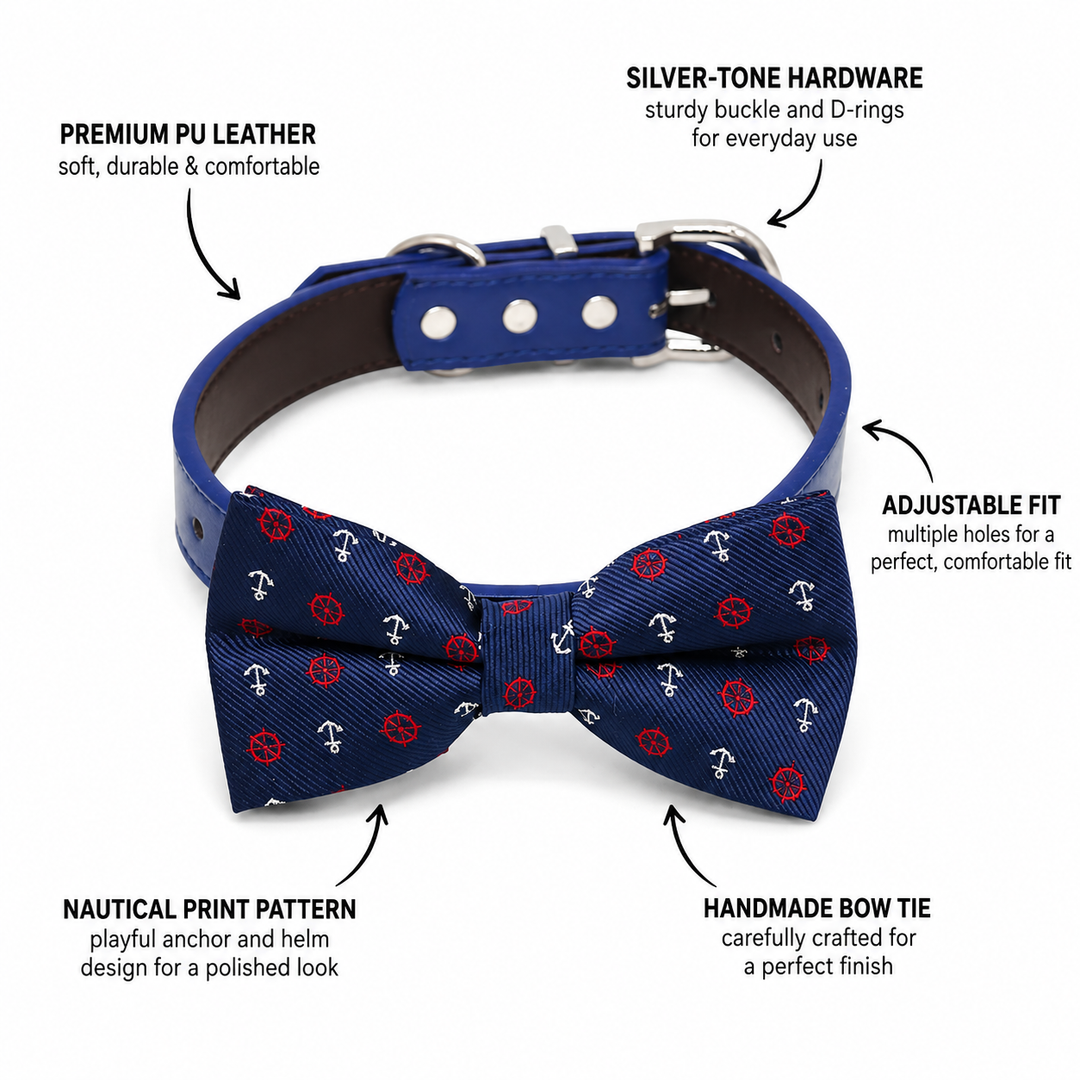 Dog bow tie collar feature guide showing nautical anchor and helm pattern, blue vegan leather collar, silver-tone hardware, adjustable fit, and handmade craftsmanship