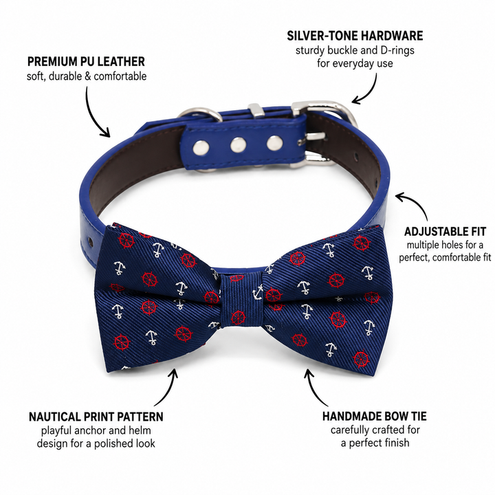 Dog bow tie collar feature guide showing nautical anchor and helm pattern, blue vegan leather collar, silver-tone hardware, adjustable fit, and handmade craftsmanship