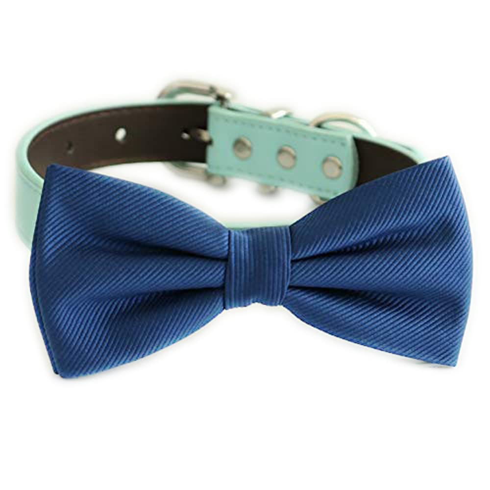 Navy blue dog bow tie mounted on an adjustable mint aqua vegan leather collar with silver hardware.