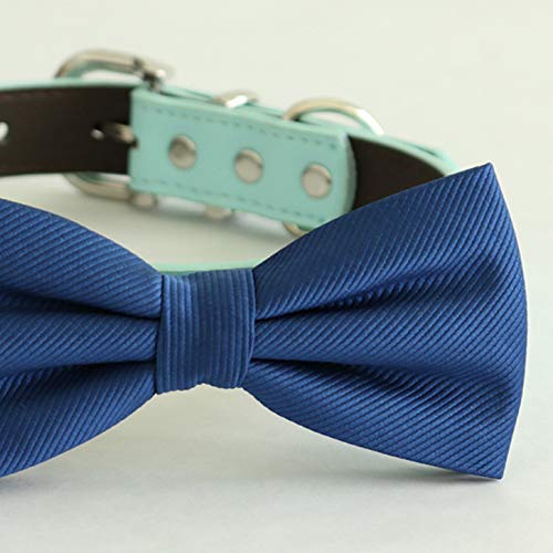 Navy blue dog bow tie collar with matching navy center band and adjustable mint aqua vegan leather collar.