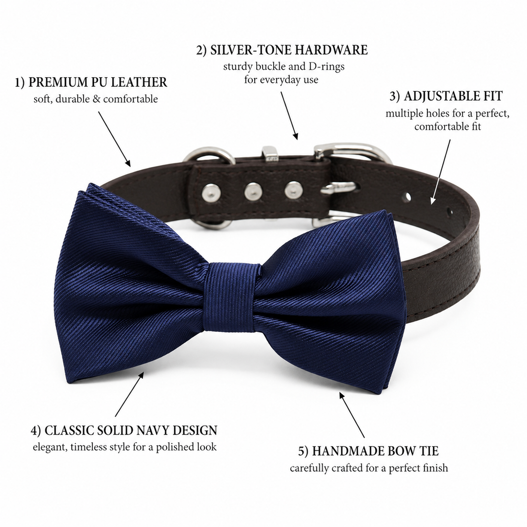 Feature overview of a navy dog bow tie collar showing vegan leather material, silver-tone hardware, adjustable fit, and handmade craftsmanship.