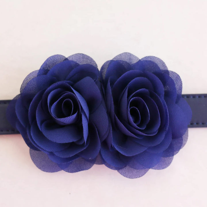 Navy blue double rose dog collar with layered handmade fabric flowers