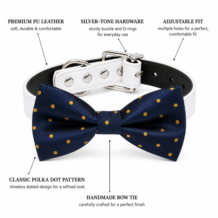 Dog bow tie collar feature guide showing navy blue and gold polka dot bow tie, white vegan leather collar, silver-tone hardware, adjustable fit, and handmade craftsmanship