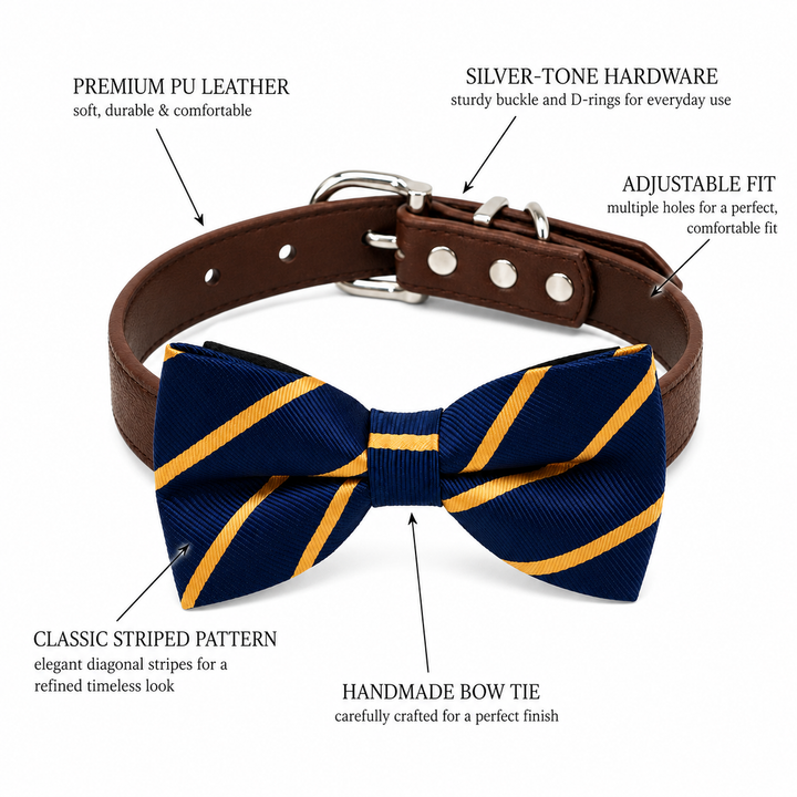 Dog bow tie collar feature guide showing navy blue and gold striped bow tie, brown vegan leather collar, silver-tone hardware, adjustable fit, and handmade craftsmanship