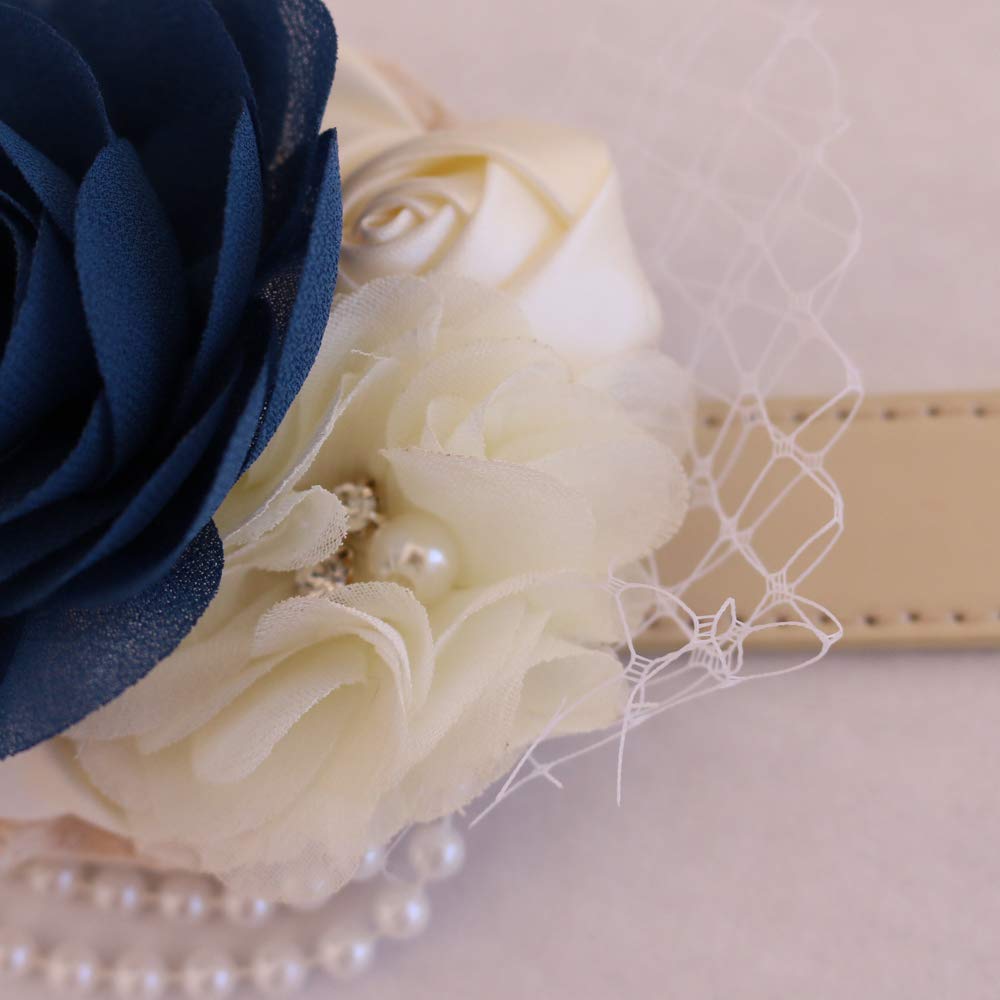 Navy blue and ivory floral dog collar with crystal brooch centerpiece, lace accents, and pearl details.