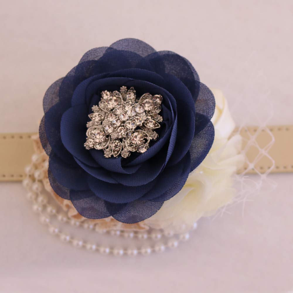 Navy blue flower dog collar featuring ivory flowers, crystal brooch accent, decorative lace, and pearl embellishments.