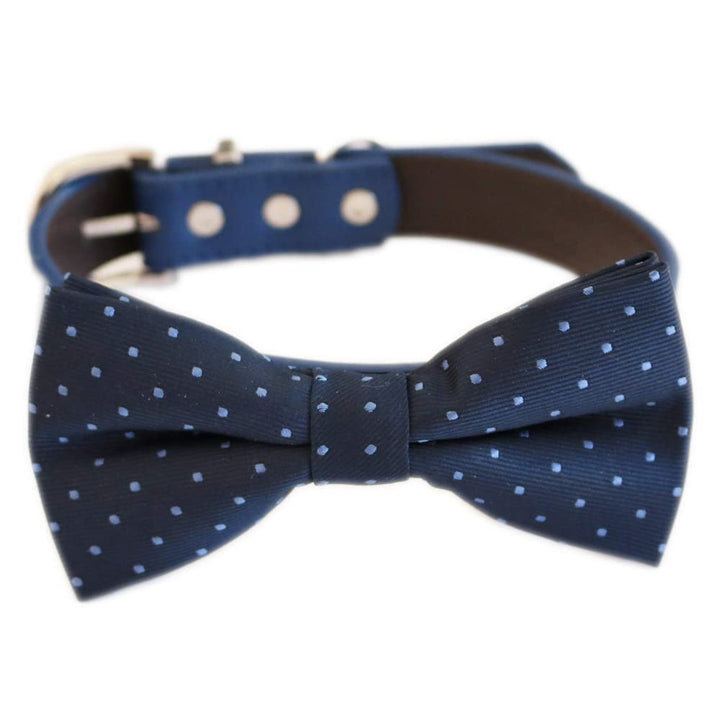 Navy blue dog bow tie collar with small light blue polka dot pattern and matching vegan leather collar