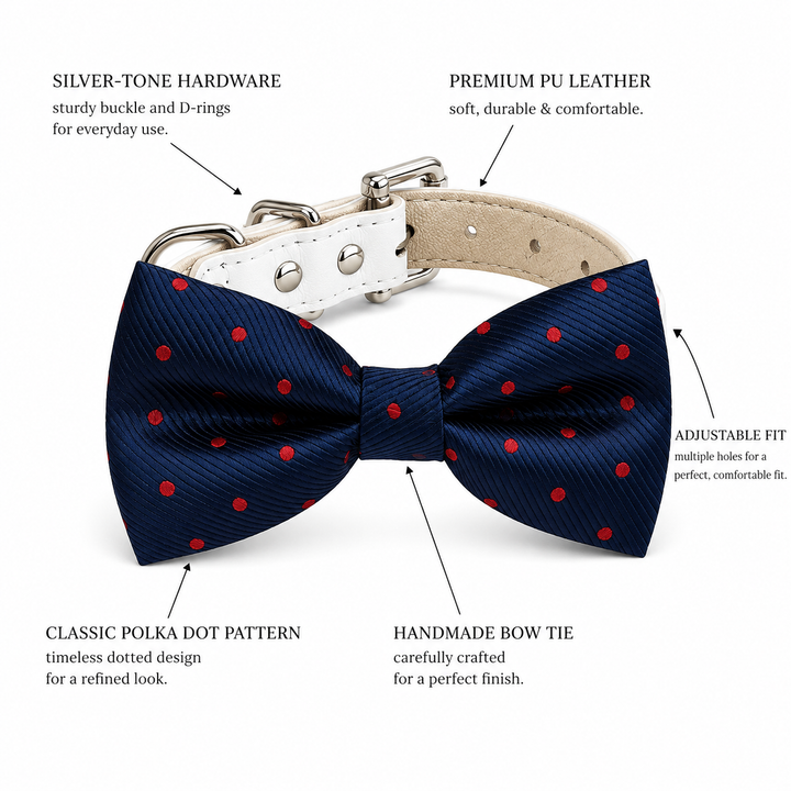 Dog bow tie collar feature guide showing navy blue and red polka dot bow tie, white vegan leather collar, silver-tone hardware, adjustable fit, and handmade craftsmanship
