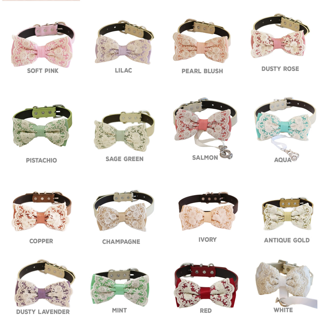 Vintage lace ring bearer dog bow tie collar color options guide featuring soft pink, lilac, pearl blush, dusty rose, pistachio, sage green, salmon, aqua, copper, champagne, ivory, antique gold, dusty lavender, mint, red, and white