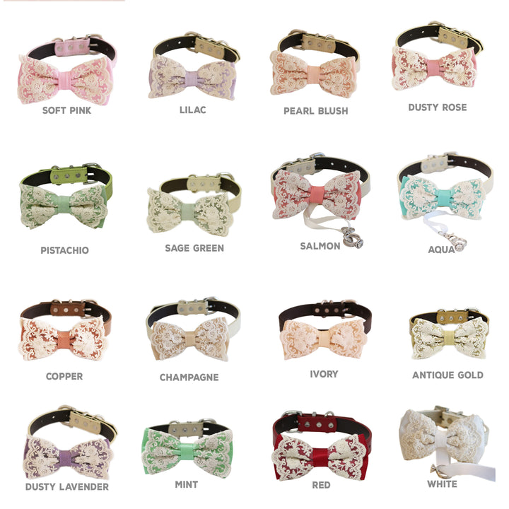 Vintage lace ring bearer dog bow tie collar color options guide featuring soft pink, lilac, pearl blush, dusty rose, pistachio, sage green, salmon, aqua, copper, champagne, ivory, antique gold, dusty lavender, mint, red, and white