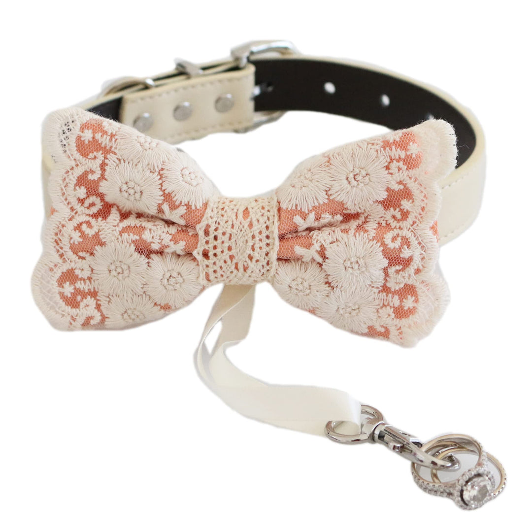 Orange lace dog bow tie collar with embroidered floral lace overlay, ivory vegan leather collar, adjustable fit, and elegant handmade design