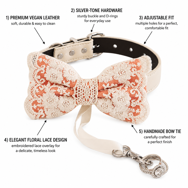 Orange lace dog bow tie collar feature guide showing premium vegan leather, silver-tone hardware, adjustable fit, elegant floral lace design, and handmade bow tie craftsmanship