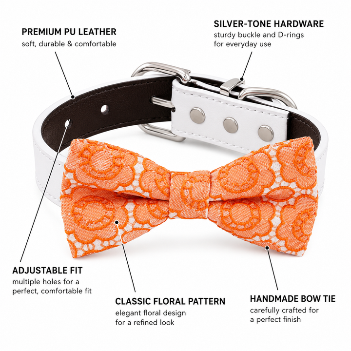 Orange lace dog bow tie collar feature guide showing floral lace pattern, white vegan leather collar, silver-tone hardware, adjustable fit, and handmade craftsmanship